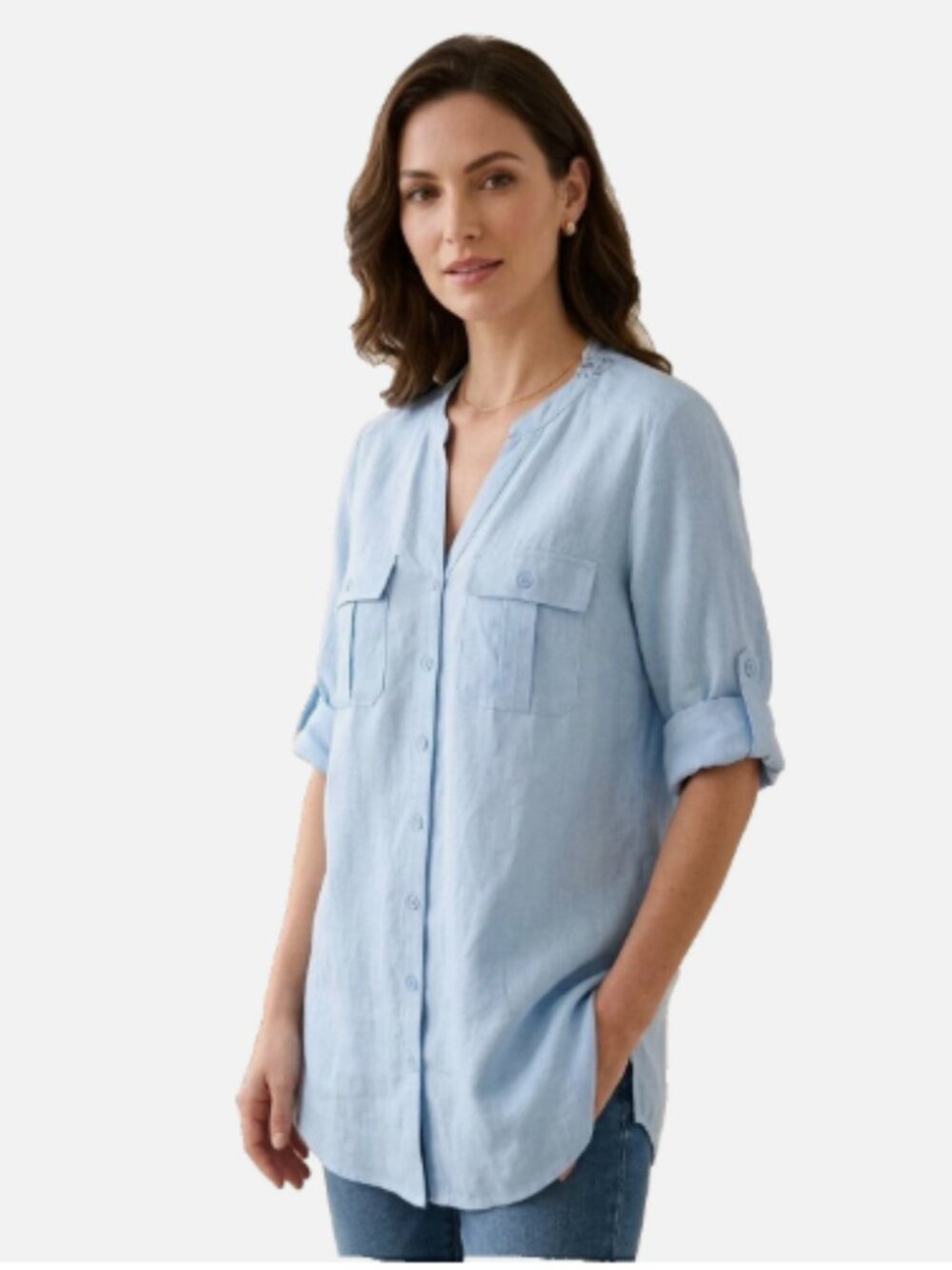 NWOT Nicole Miller Linen Button Up 3/4 Roll Tab Sleeve Top Pockets L Sky Blue